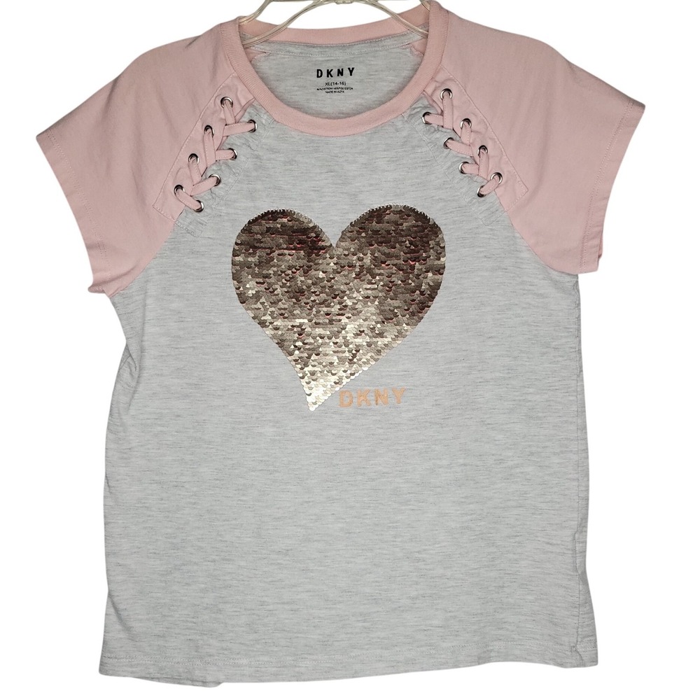 DKNY Girls‎ XL 14-16 Gray Pink Flip Sequin Heart Lace Up Shoulder Raglan T-Shirt